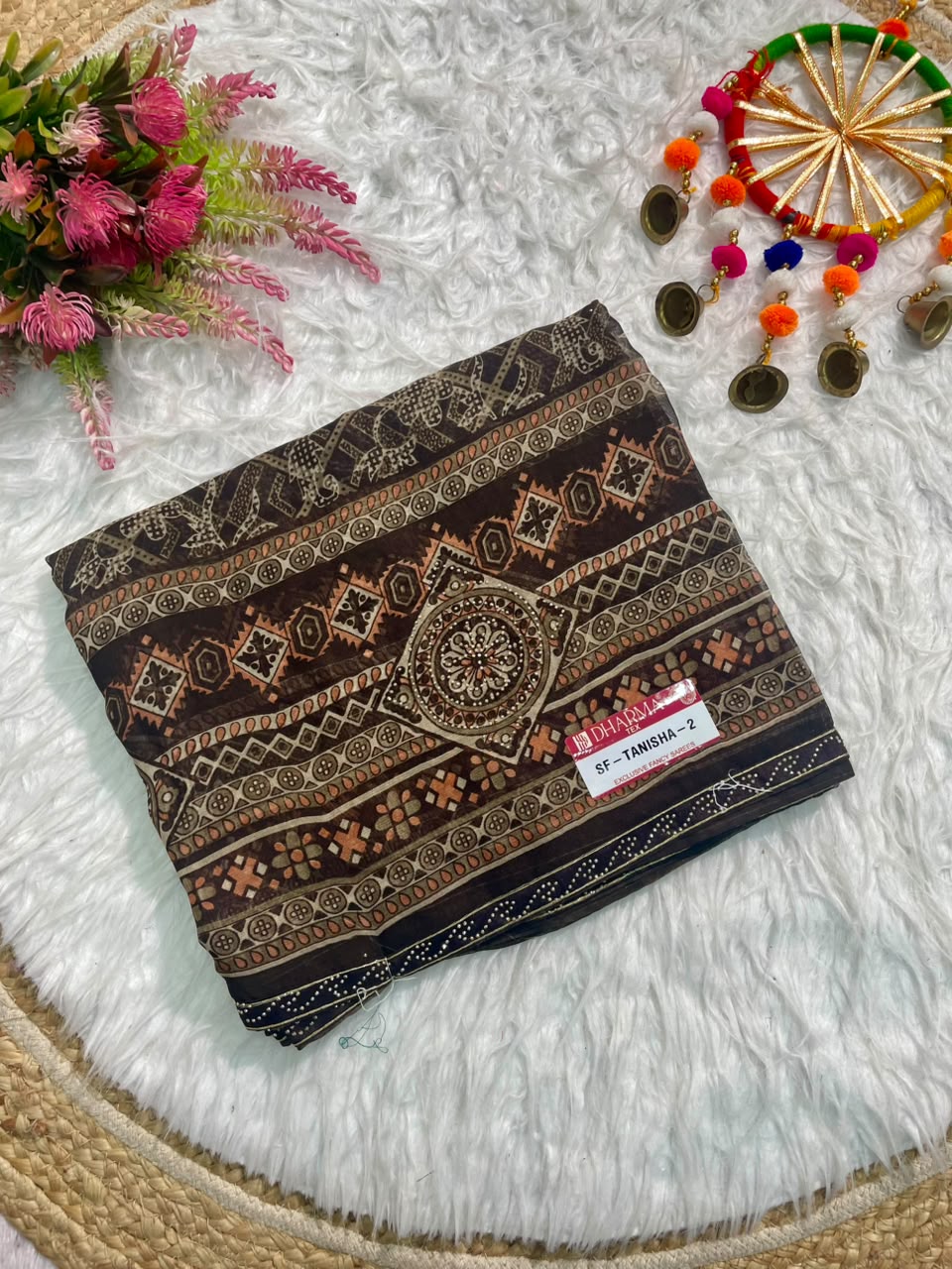 SF-TANISHA-2 GEORGETTE 60 GRAM FABRIC WITH BEAUTIFUL PRINT ON SAREE WITH DMC SIROSKI WORK SAREE WITH BORDER WITH BLOUSE