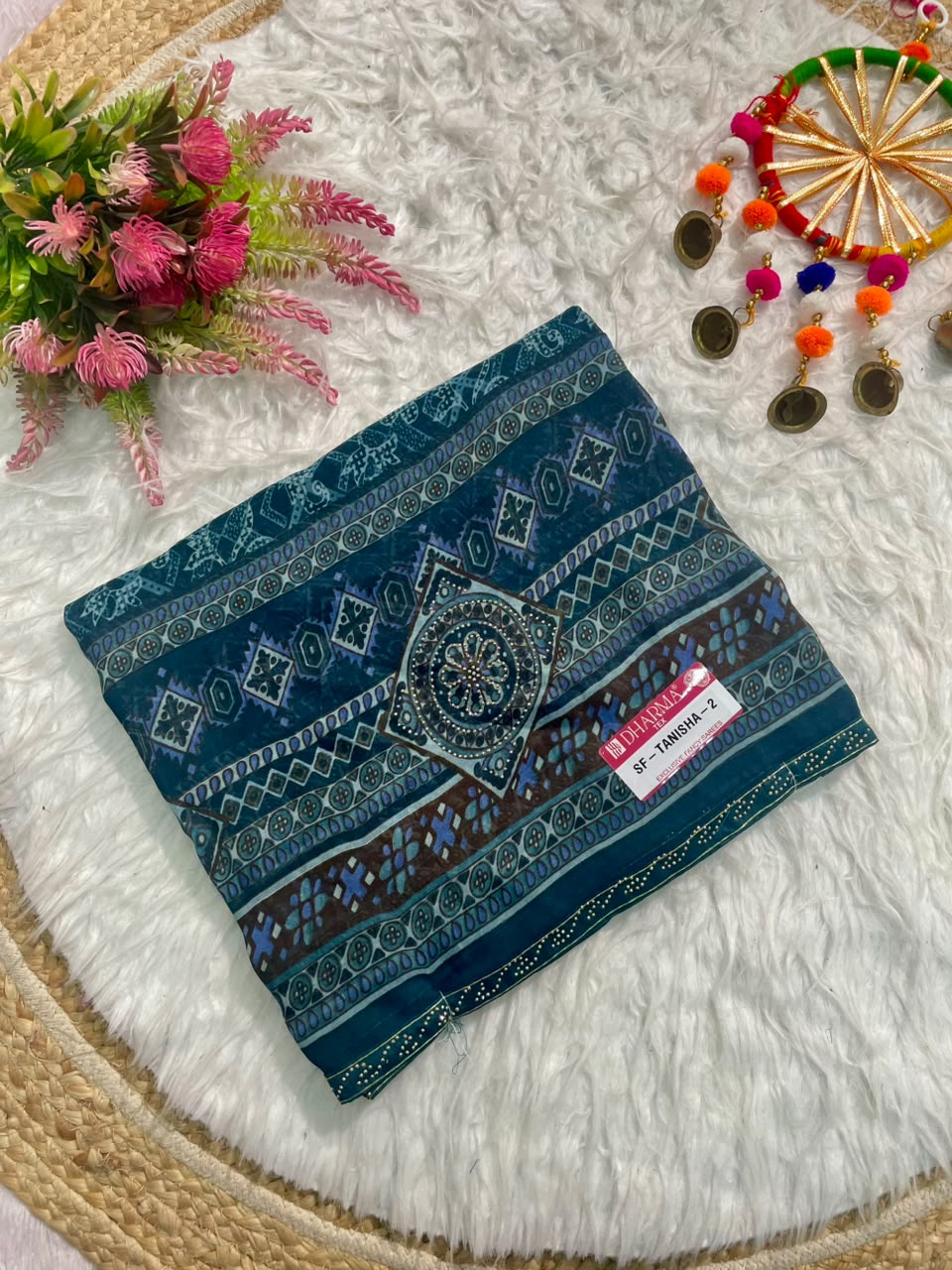 SF-TANISHA-2 GEORGETTE 60 GRAM FABRIC WITH BEAUTIFUL PRINT ON SAREE WITH DMC SIROSKI WORK SAREE WITH BORDER WITH BLOUSE