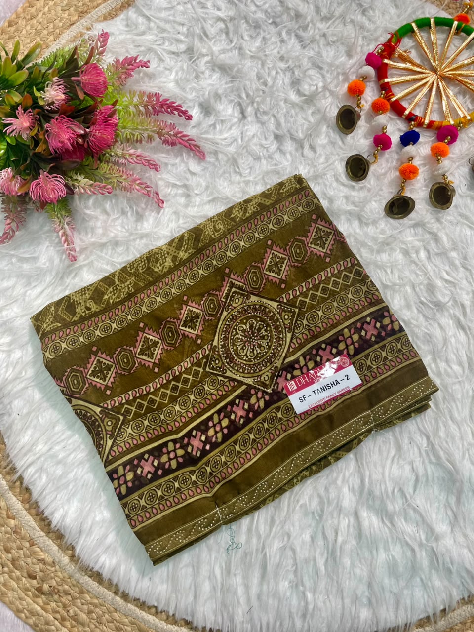 SF-TANISHA-2 GEORGETTE 60 GRAM FABRIC WITH BEAUTIFUL PRINT ON SAREE WITH DMC SIROSKI WORK SAREE WITH BORDER WITH BLOUSE