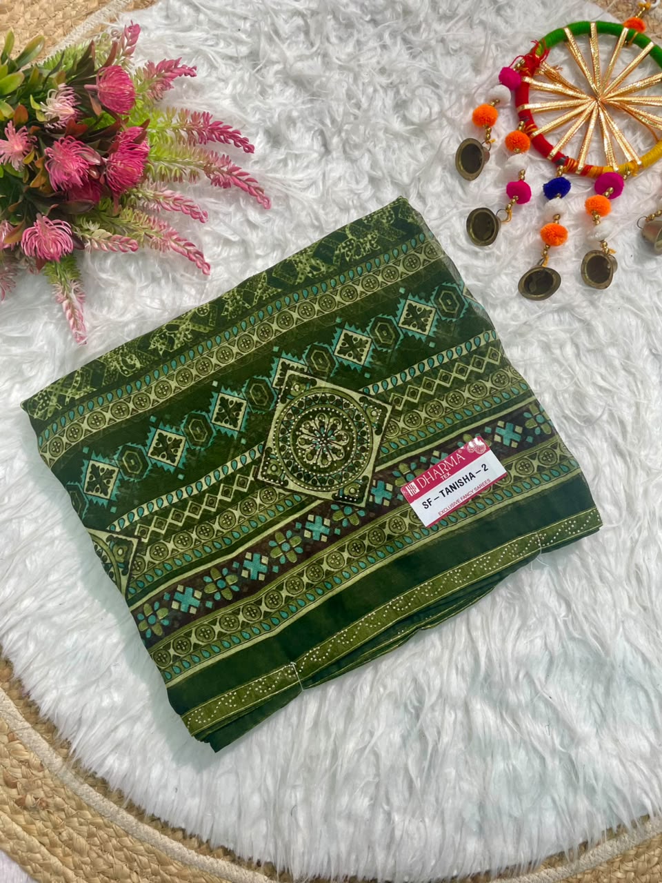 SF-TANISHA-2 GEORGETTE 60 GRAM FABRIC WITH BEAUTIFUL PRINT ON SAREE WITH DMC SIROSKI WORK SAREE WITH BORDER WITH BLOUSE