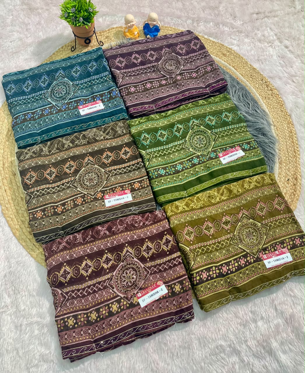 SF-TANISHA-2 GEORGETTE 60 GRAM FABRIC WITH BEAUTIFUL PRINT ON SAREE WITH DMC SIROSKI WORK SAREE WITH BORDER WITH BLOUSE