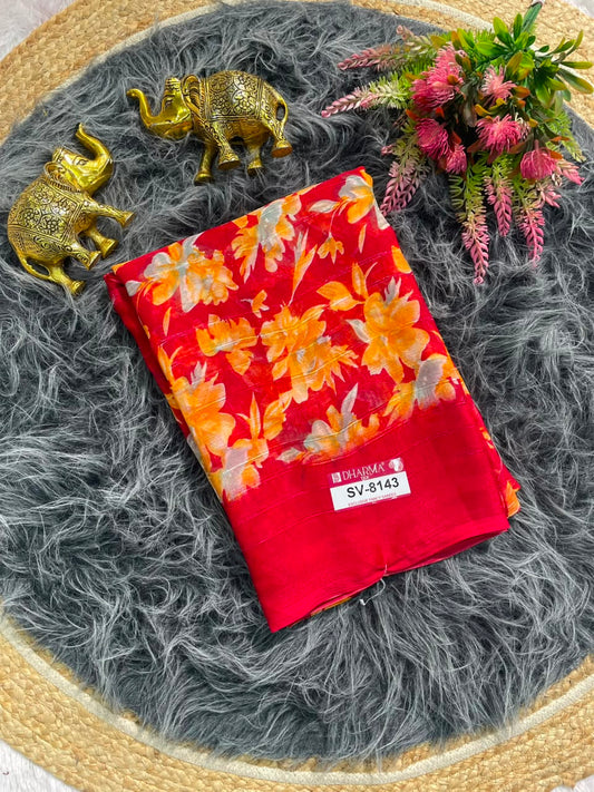 SV-8143 PATTERN FABRIC SAREE WITH BEAUTIFUL RICH PALLU WITH FLORAL PRINT ALL OVER ON SAREE WITH BLOUSE