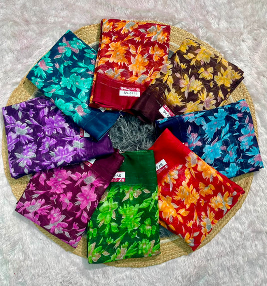 SV-8143 PATTERN FABRIC SAREE WITH BEAUTIFUL RICH PALLU WITH FLORAL PRINT ALL OVER ON SAREE WITH BLOUSE