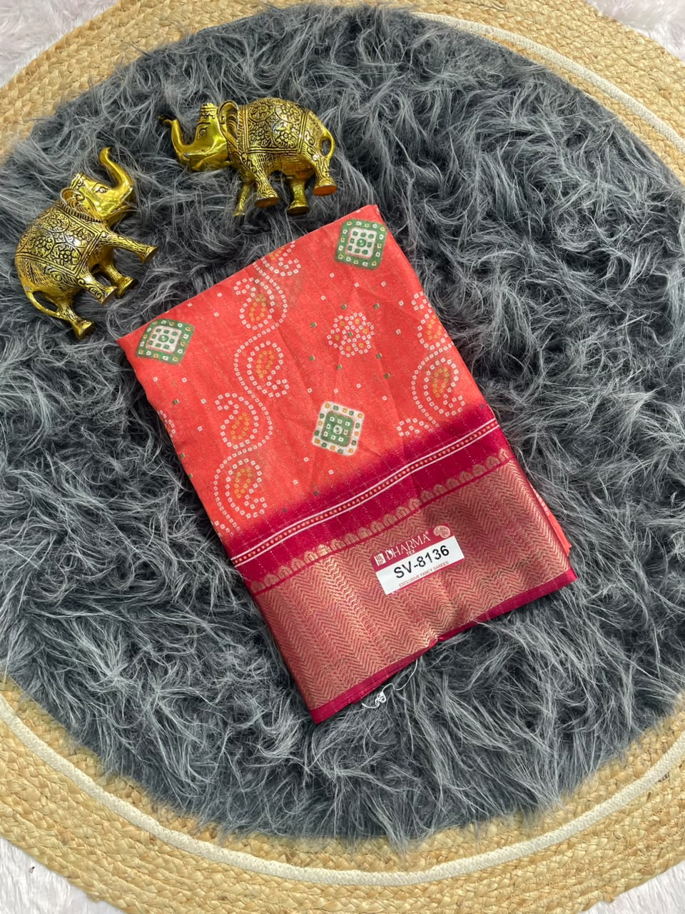 SV-8136 DOLA RIKO FABRIC SAREE WITH RICH PALLU DESIGN WITH BEAUTIFUL PRINT ALL OVER ON SAREE WITH JACUARD BORDER WITH BLOUSE