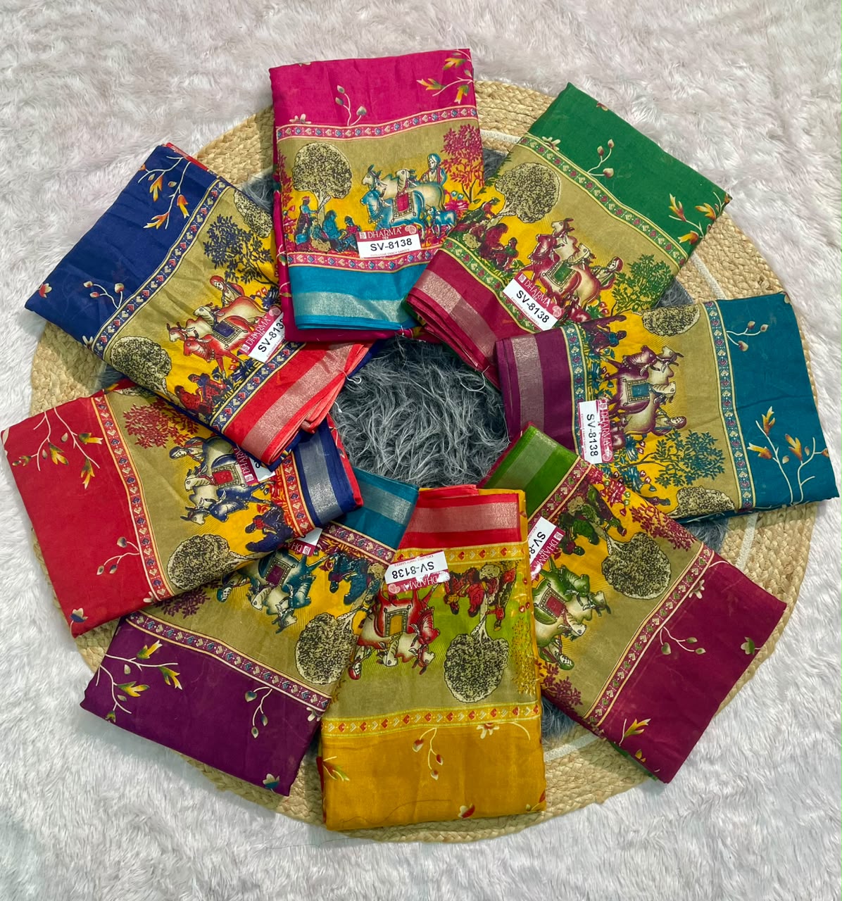 SV-8138 MAL COTTON FABRIC SAREE WITH BEAUTIFUL GRANF PALLU WITH AND BEAUTIFUL PRINT WITH BLOUSE