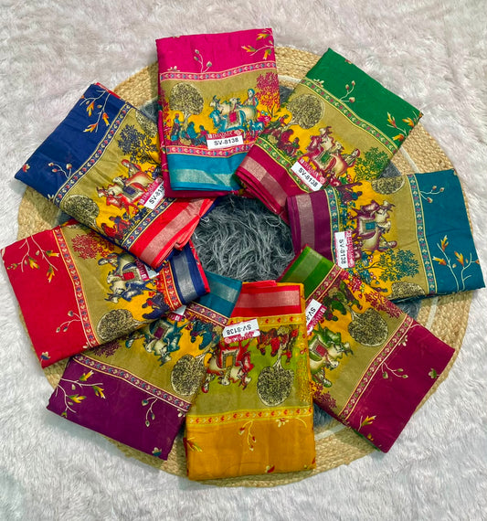 SV-8138 MAL COTTON FABRIC SAREE WITH BEAUTIFUL GRANF PALLU WITH AND BEAUTIFUL PRINT WITH BLOUSE