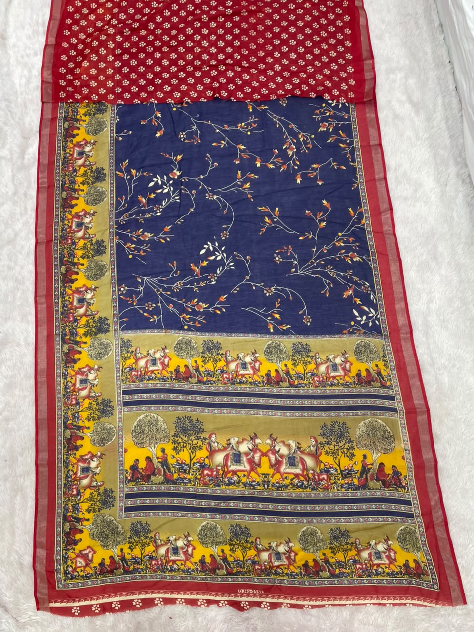 SV-8138 MAL COTTON FABRIC SAREE WITH BEAUTIFUL GRANF PALLU WITH AND BEAUTIFUL PRINT WITH BLOUSE