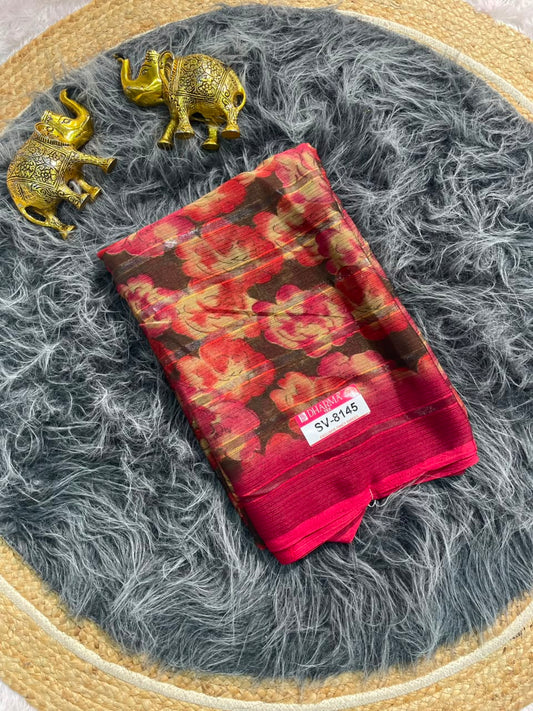 SV-8145 PATTERN FABRIC SAREE WITH RICH PALLU WITH BEAUTIFUL FLORAL DESIGN WITH ALL  OVER ON SAREE WITH BLOUSE