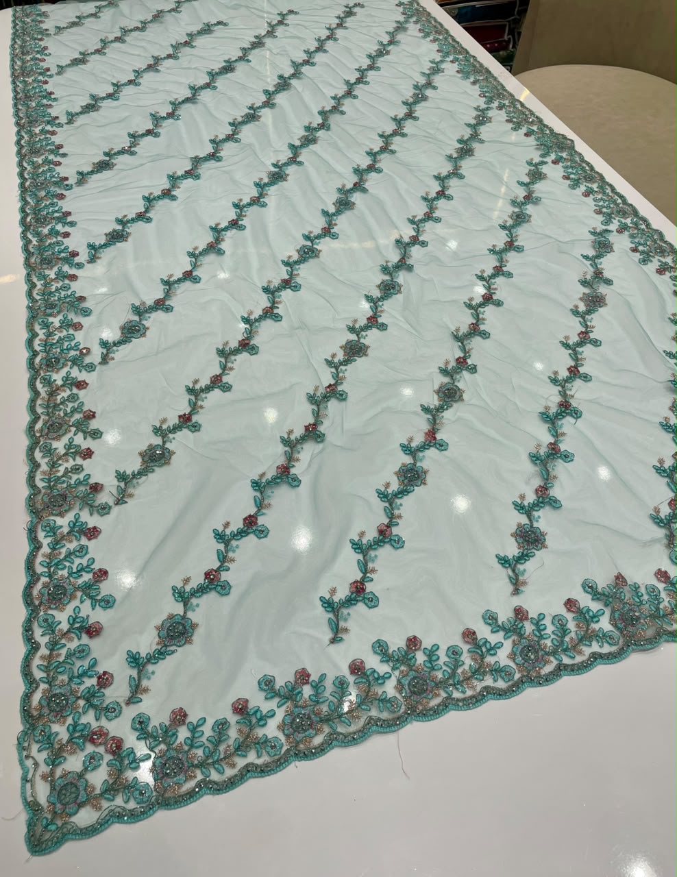 BS-SHAKUNTALA  PREMIUM NET FABRIC SAREE WITH BEUATIFUL EMBROIDERY WORK WITH BEAUTIFUL LEHARIYA DESIGN WIRH DIAMOND WORK WITH HEAVY BLOUSE