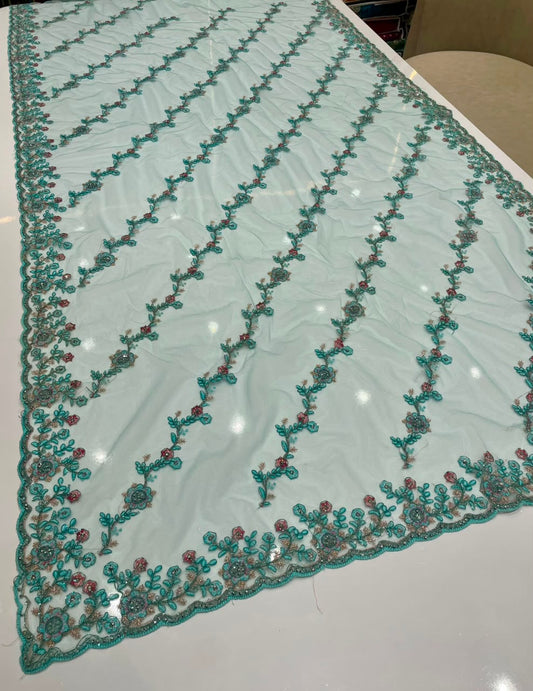 BS-SHAKUNTALA  PREMIUM NET FABRIC SAREE WITH BEUATIFUL EMBROIDERY WORK WITH BEAUTIFUL LEHARIYA DESIGN WIRH DIAMOND WORK WITH HEAVY BLOUSE