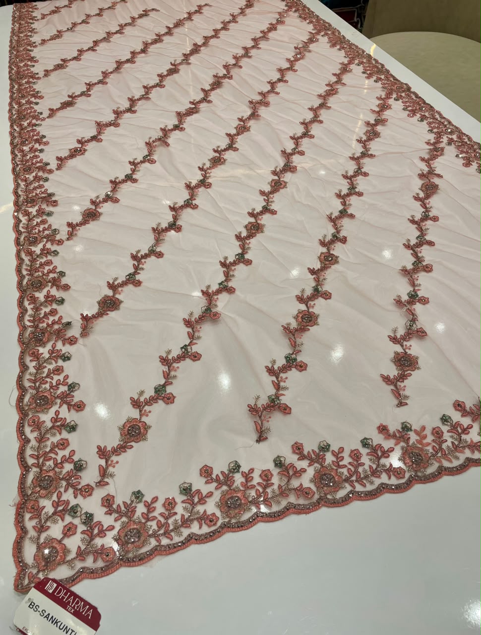 BS-SHAKUNTALA  PREMIUM NET FABRIC SAREE WITH BEUATIFUL EMBROIDERY WORK WITH BEAUTIFUL LEHARIYA DESIGN WIRH DIAMOND WORK WITH HEAVY BLOUSE