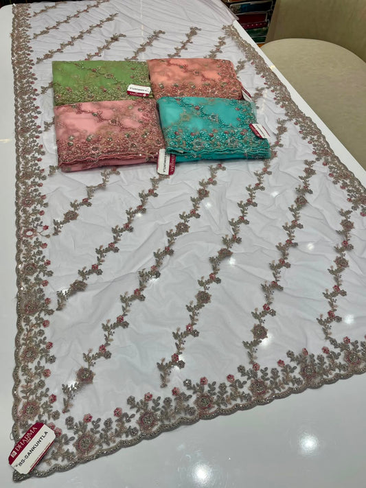 BS-SHAKUNTALA  PREMIUM NET FABRIC SAREE WITH BEUATIFUL EMBROIDERY WORK WITH BEAUTIFUL LEHARIYA DESIGN WIRH DIAMOND WORK WITH HEAVY BLOUSE