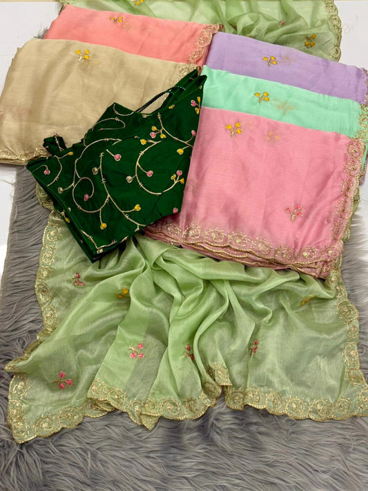 NN-2184 CHIFFON FABRIC SAREE WITH BEUATIFUL DESIGN WITH FLORAL DESIGN WITH CUTWORK WITH CONTRAST EMBROIDERY WORK STICHED BLOUSE