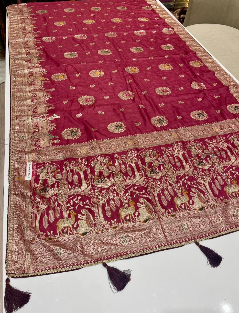 RD-ANARKALI MINA-9 FANCY D DOLA SILK FABRIC SAREE WITH RICH PALLU DESIGN WITH DMC SIROSKI WORK WITH PIPING AND LATKAN WITH CONTRAST BLOUSE