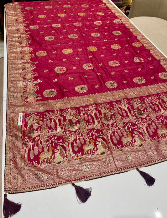 RD-ANARKALI MINA-9 FANCY D DOLA SILK FABRIC SAREE WITH RICH PALLU DESIGN WITH DMC SIROSKI WORK WITH PIPING AND LATKAN WITH CONTRAST BLOUSE