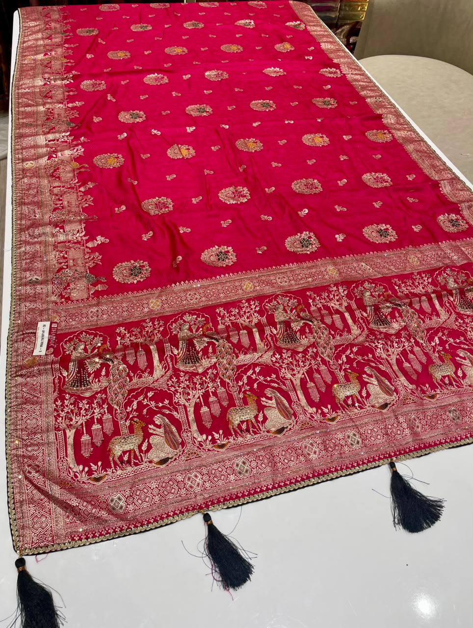 RD-ANARKALI MINA-9 FANCY D DOLA SILK FABRIC SAREE WITH RICH PALLU DESIGN WITH DMC SIROSKI WORK WITH PIPING AND LATKAN WITH CONTRAST BLOUSE