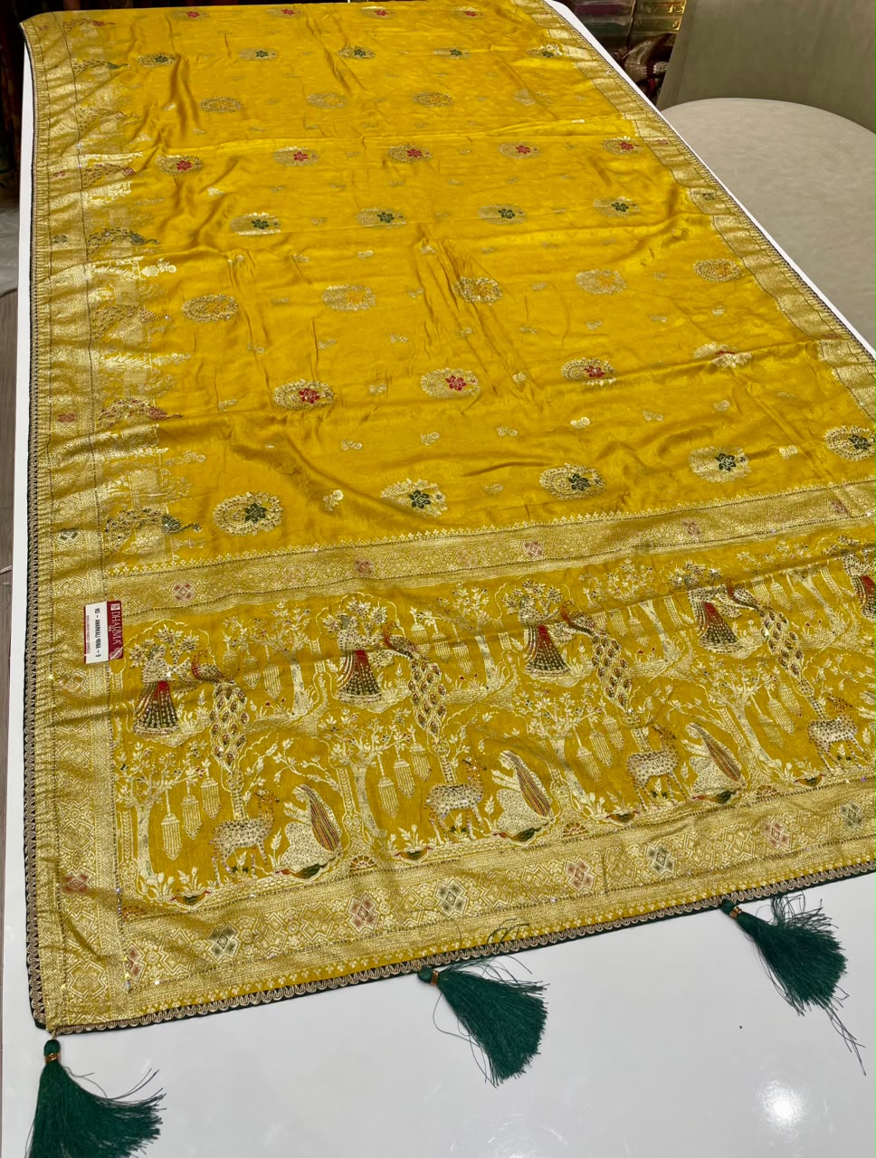 RD-ANARKALI MINA-9 FANCY D DOLA SILK FABRIC SAREE WITH RICH PALLU DESIGN WITH DMC SIROSKI WORK WITH PIPING AND LATKAN WITH CONTRAST BLOUSE