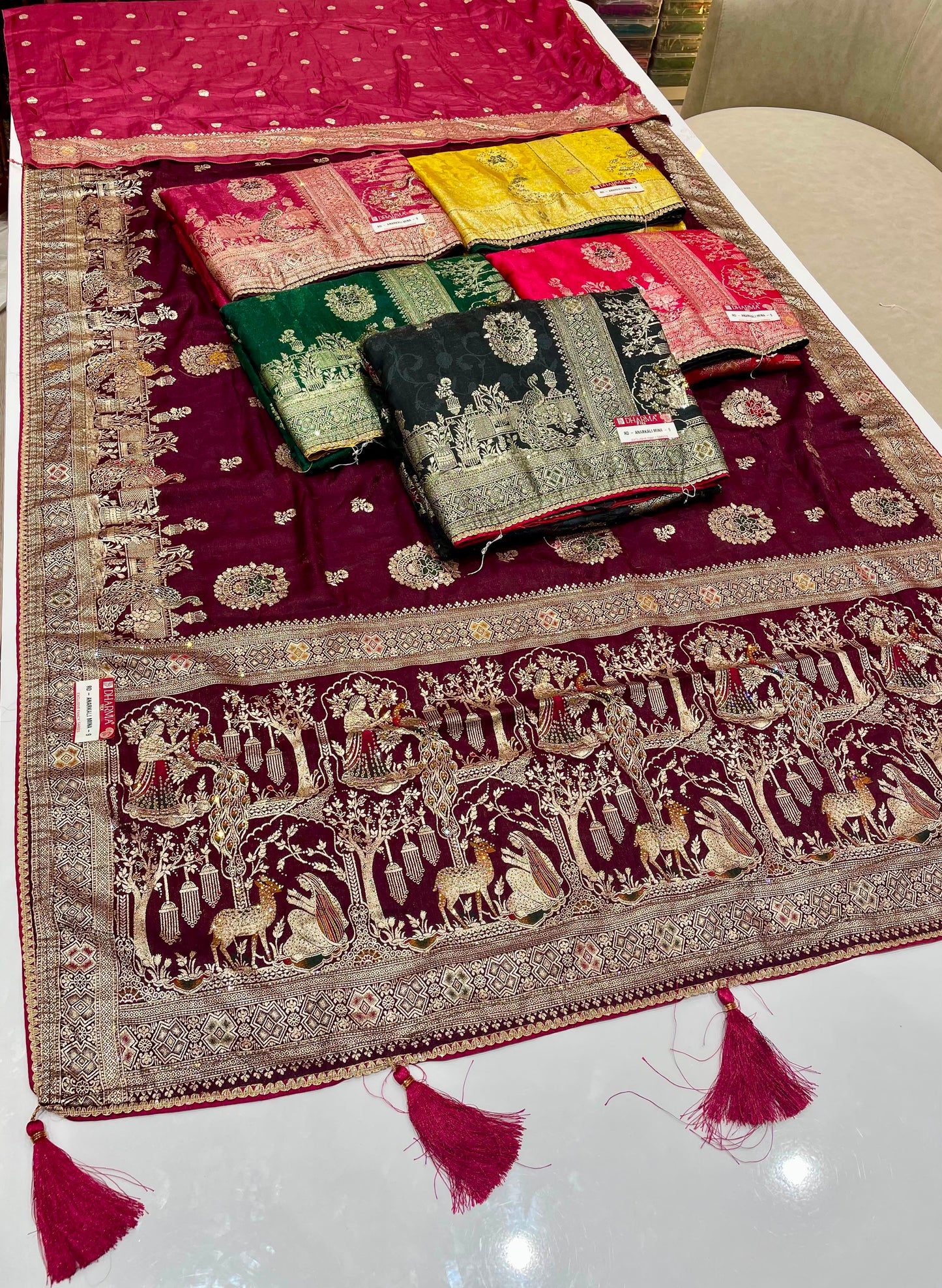 RD-ANARKALI MINA-9 FANCY D DOLA SILK FABRIC SAREE WITH RICH PALLU DESIGN WITH DMC SIROSKI WORK WITH PIPING AND LATKAN WITH CONTRAST BLOUSE