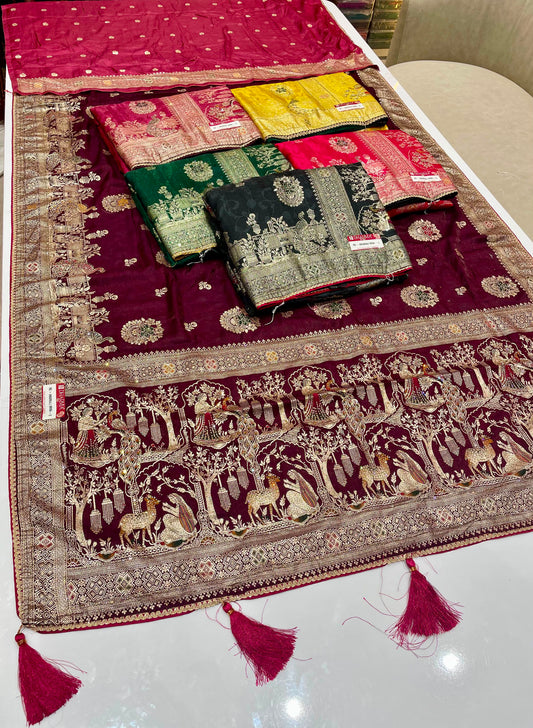 RD-ANARKALI MINA-9 FANCY D DOLA SILK FABRIC SAREE WITH RICH PALLU DESIGN WITH DMC SIROSKI WORK WITH PIPING AND LATKAN WITH CONTRAST BLOUSE