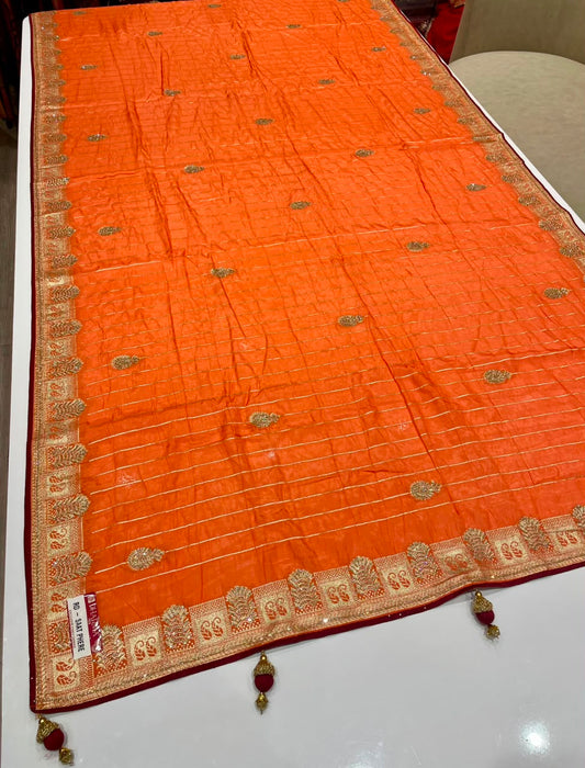 RD-SAAT PHERE VISCOS SILK FABRIC SAREE WITH RICH PALLU DESIGN WITH BEAUTIFUL DESIGN WITH HEAVY HEAVY DMC SIROSKI WORK WITH PIPING AND LATKAN WITH BLOUSE