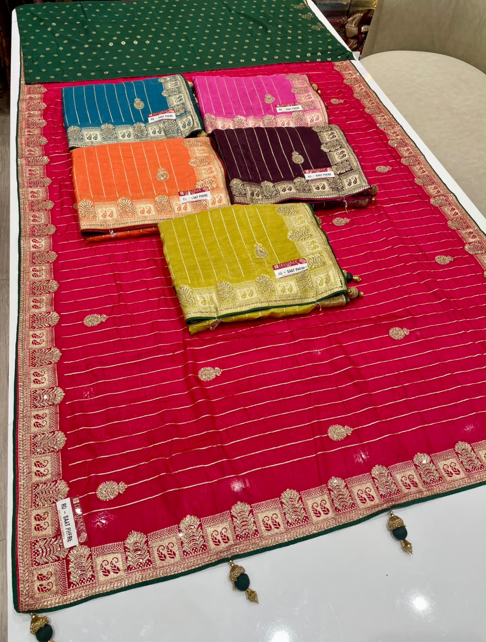 RD-SAAT PHERE VISCOS SILK FABRIC SAREE WITH RICH PALLU DESIGN WITH BEAUTIFUL DESIGN WITH HEAVY HEAVY DMC SIROSKI WORK WITH PIPING AND LATKAN WITH BLOUSE