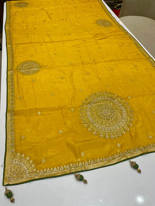 RD-SAAT PHERE-6 VISCOS SILK FABRIC SAREE WITH BEAUTIFUL DESIGN WITH DMC SIROSKI WORK WITH PIPING AND LATKAN WITH BLOUSE