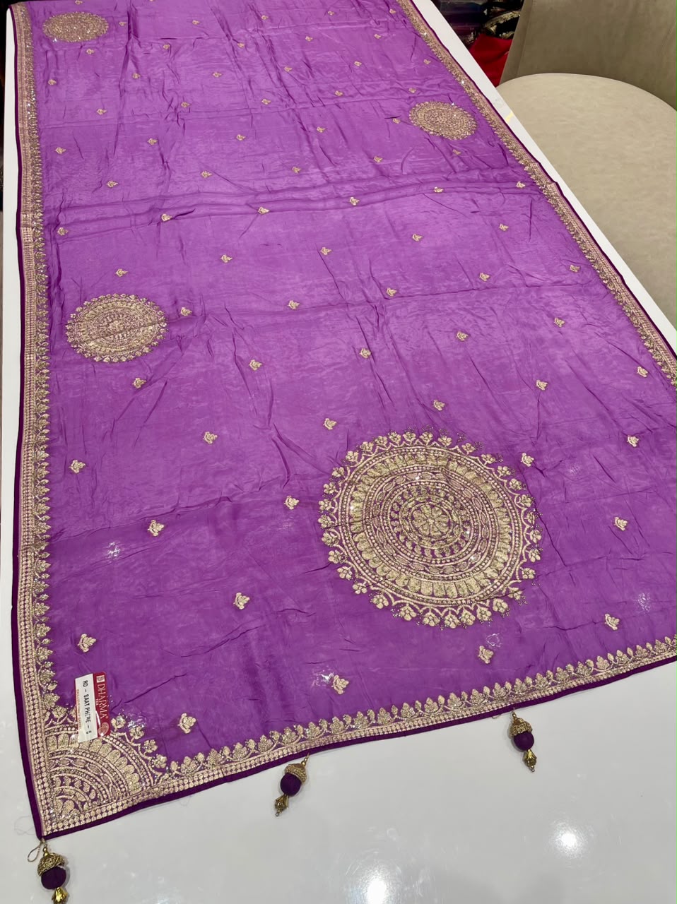 RD-SAAT PHERE-6 VISCOS SILK FABRIC SAREE WITH BEAUTIFUL DESIGN WITH DMC SIROSKI WORK WITH PIPING AND LATKAN WITH BLOUSE