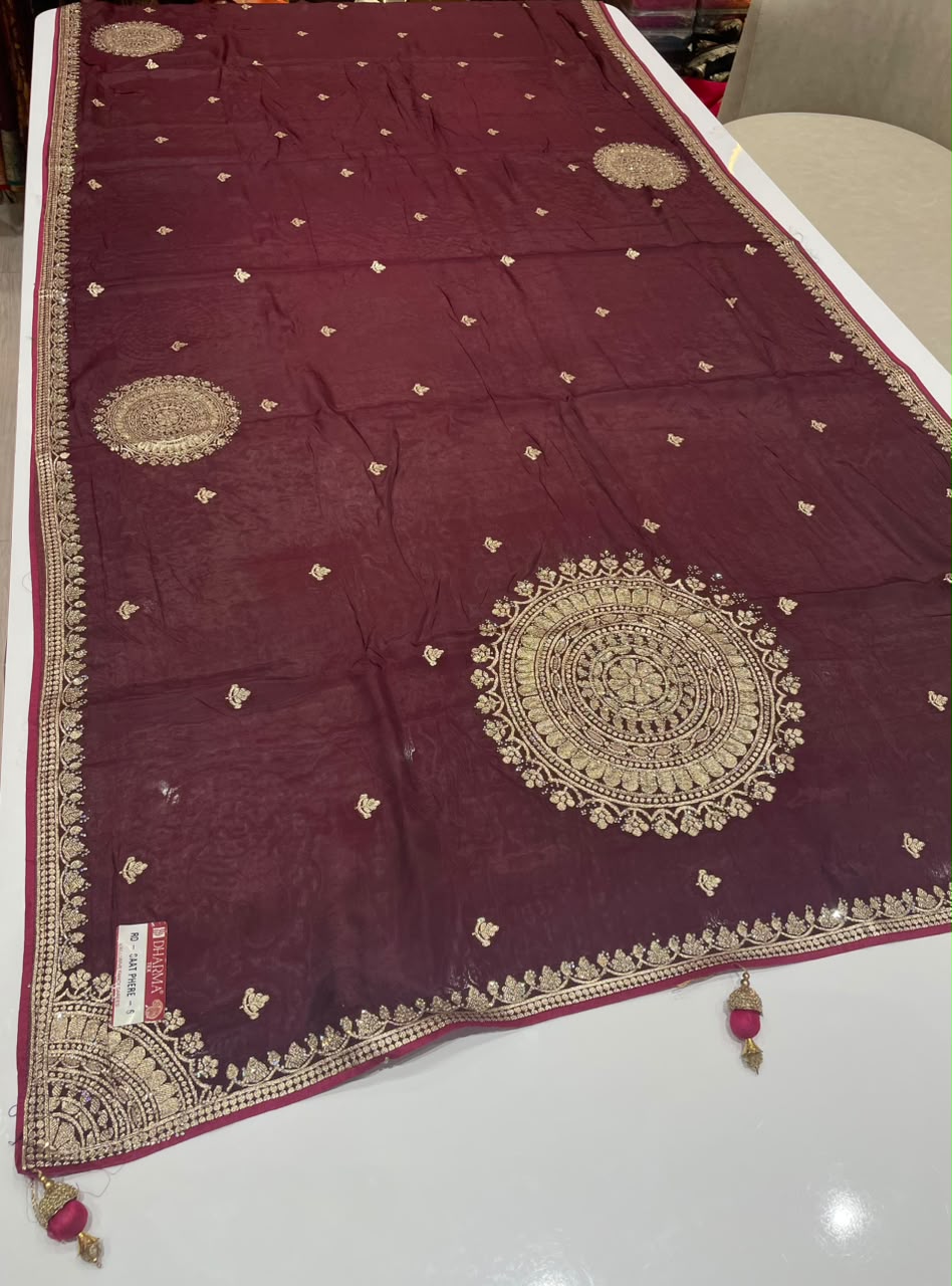 RD-SAAT PHERE-6 VISCOS SILK FABRIC SAREE WITH BEAUTIFUL DESIGN WITH DMC SIROSKI WORK WITH PIPING AND LATKAN WITH BLOUSE