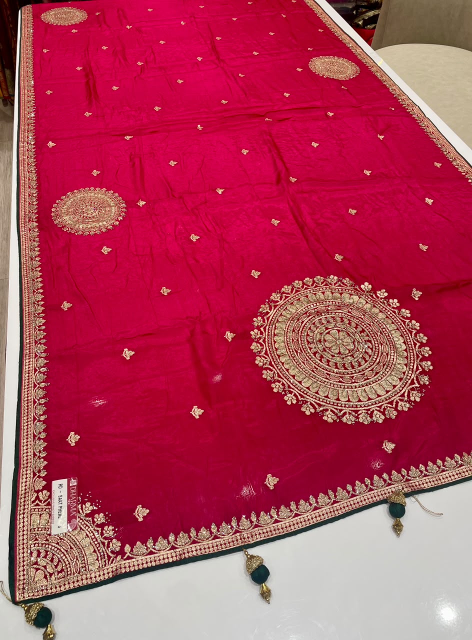 RD-SAAT PHERE-6 VISCOS SILK FABRIC SAREE WITH BEAUTIFUL DESIGN WITH DMC SIROSKI WORK WITH PIPING AND LATKAN WITH BLOUSE