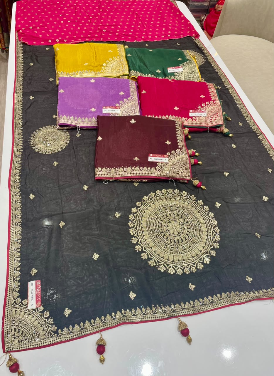 RD-SAAT PHERE-6 VISCOS SILK FABRIC SAREE WITH BEAUTIFUL DESIGN WITH DMC SIROSKI WORK WITH PIPING AND LATKAN WITH BLOUSE