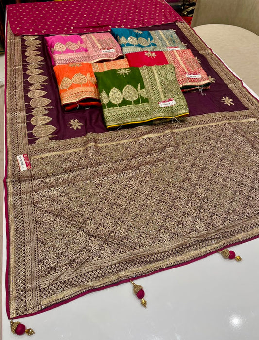 RD-SAAT PHERE-11 VISCOS SILK FABRIC SAREE WITH RICH PALLU DESIGN WITH DMC SIROSKI WORK WITH BEAUTIFUL FLORAL DESIGN WITH PIPING AND LUXURIOUS TASSELS WITH BLOUSE