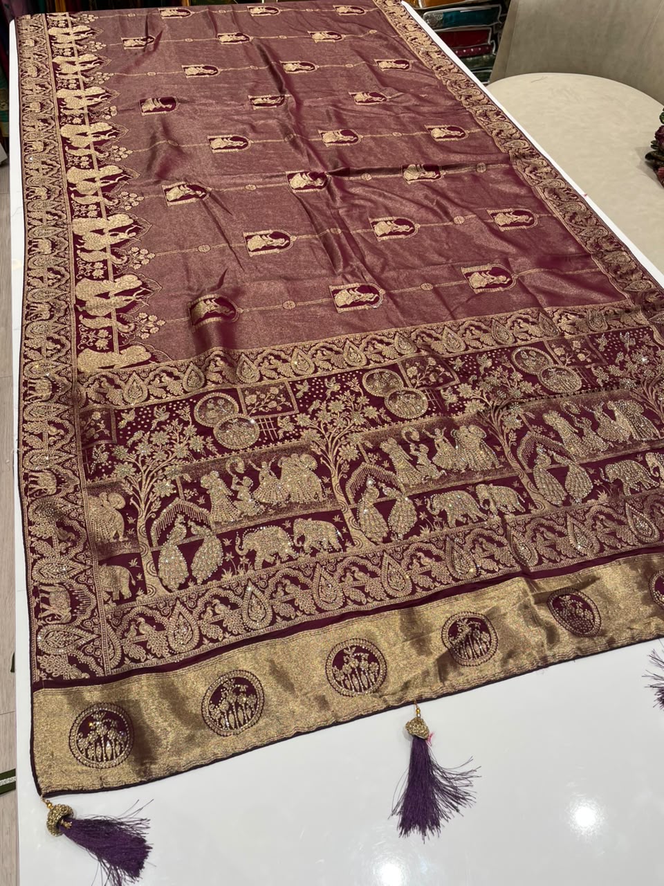 AJ-MARCO TISSUE FABRIC SAREE WITH HEAVY RICH PALLU DEISGN WITH JARKAN WORK WITH LAGNI PATTA WITH BEAUTIFUL DESIGN ON PALLU WITH PIPING AND TASSELS WITH BLOUSE
