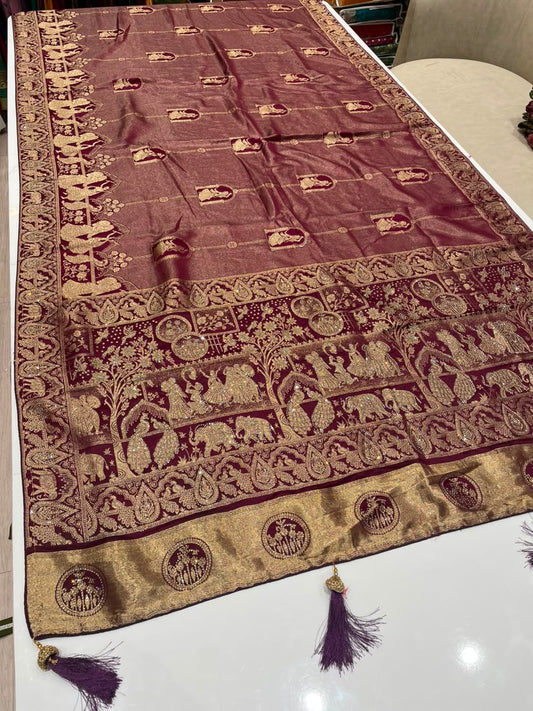 AJ-MARCO TISSUE FABRIC SAREE WITH HEAVY RICH PALLU DEISGN WITH JARKAN WORK WITH LAGNI PATTA WITH BEAUTIFUL DESIGN ON PALLU WITH PIPING AND TASSELS WITH BLOUSE