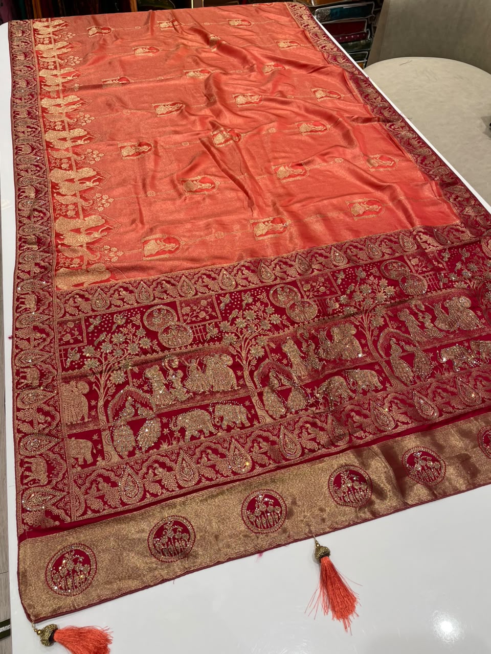 AJ-MARCO TISSUE FABRIC SAREE WITH HEAVY RICH PALLU DEISGN WITH JARKAN WORK WITH LAGNI PATTA WITH BEAUTIFUL DESIGN ON PALLU WITH PIPING AND TASSELS WITH BLOUSE