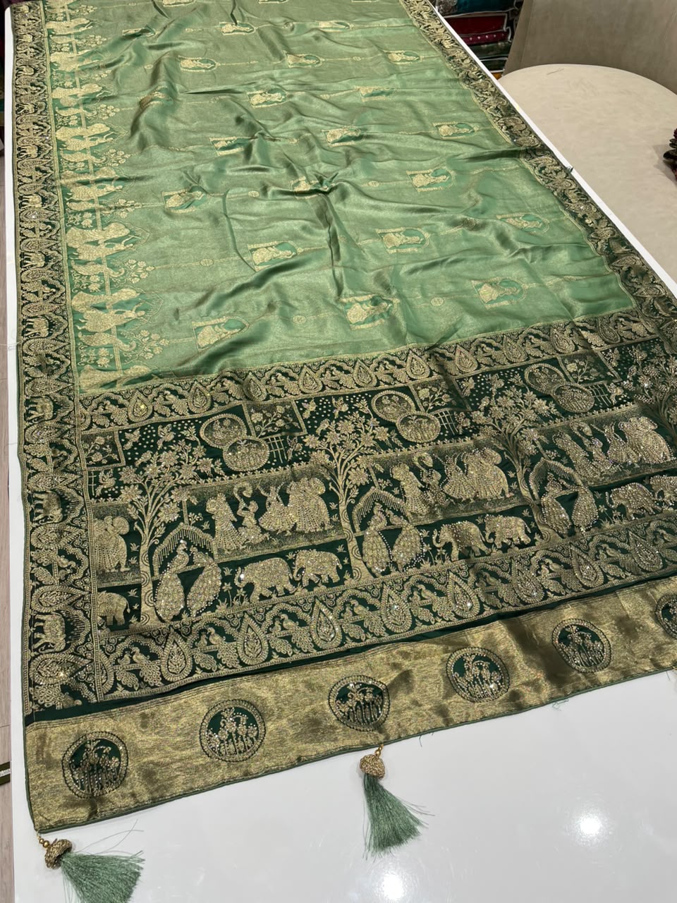 AJ-MARCO TISSUE FABRIC SAREE WITH HEAVY RICH PALLU DEISGN WITH JARKAN WORK WITH LAGNI PATTA WITH BEAUTIFUL DESIGN ON PALLU WITH PIPING AND TASSELS WITH BLOUSE