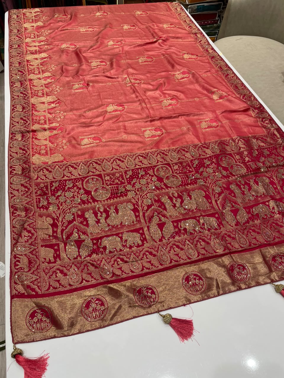 AJ-MARCO TISSUE FABRIC SAREE WITH HEAVY RICH PALLU DEISGN WITH JARKAN WORK WITH LAGNI PATTA WITH BEAUTIFUL DESIGN ON PALLU WITH PIPING AND TASSELS WITH BLOUSE
