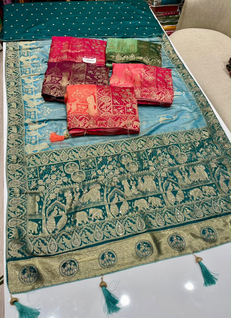 AJ-MARCO TISSUE FABRIC SAREE WITH HEAVY RICH PALLU DEISGN WITH JARKAN WORK WITH LAGNI PATTA WITH BEAUTIFUL DESIGN ON PALLU WITH PIPING AND TASSELS WITH BLOUSE