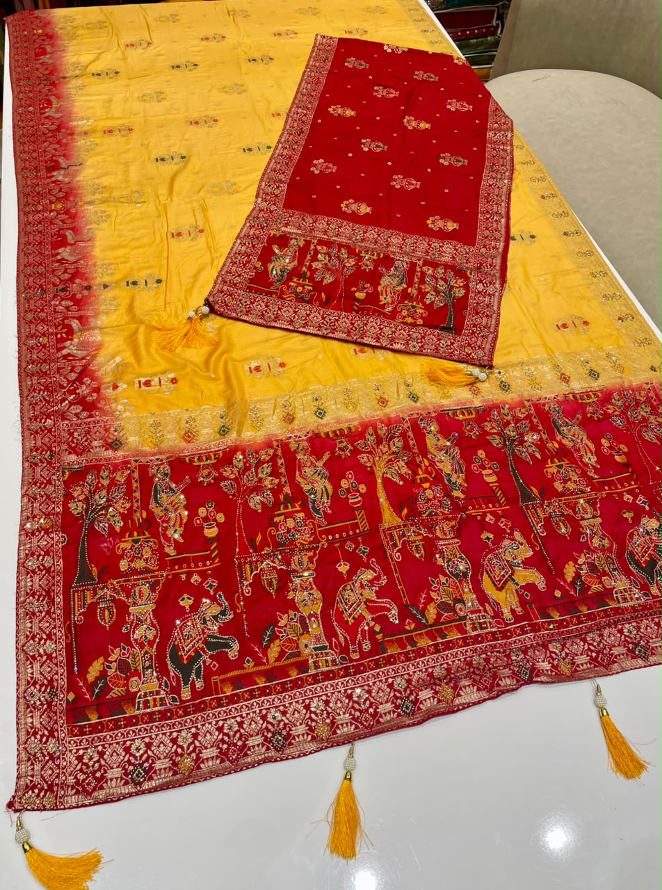 AJ-AARTI-DUPATTA SOFT DOLA SILK FABRIC SAREE WITH CHAAP DYING WITH BEAUTIFUL JARKAN WORK WITH PIPING AND TASSELS WITH HEAVY JARKAN WORK DUPATTA