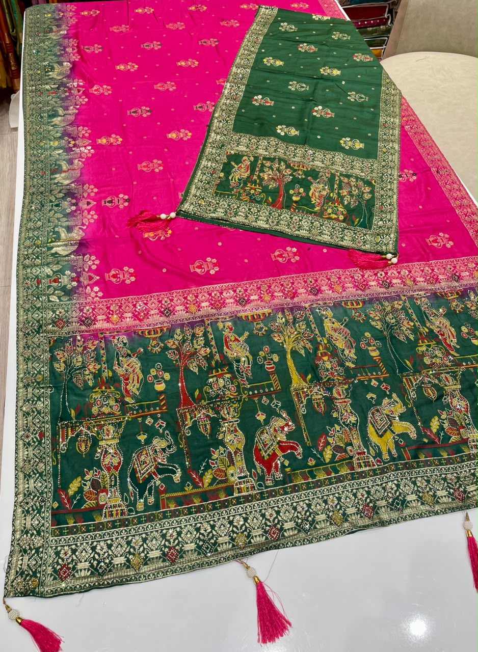 AJ-AARTI-DUPATTA SOFT DOLA SILK FABRIC SAREE WITH CHAAP DYING WITH BEAUTIFUL JARKAN WORK WITH PIPING AND TASSELS WITH HEAVY JARKAN WORK DUPATTA
