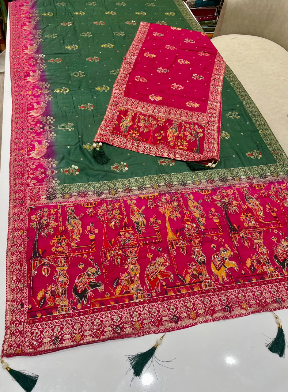 AJ-AARTI-DUPATTA SOFT DOLA SILK FABRIC SAREE WITH CHAAP DYING WITH BEAUTIFUL JARKAN WORK WITH PIPING AND TASSELS WITH HEAVY JARKAN WORK DUPATTA