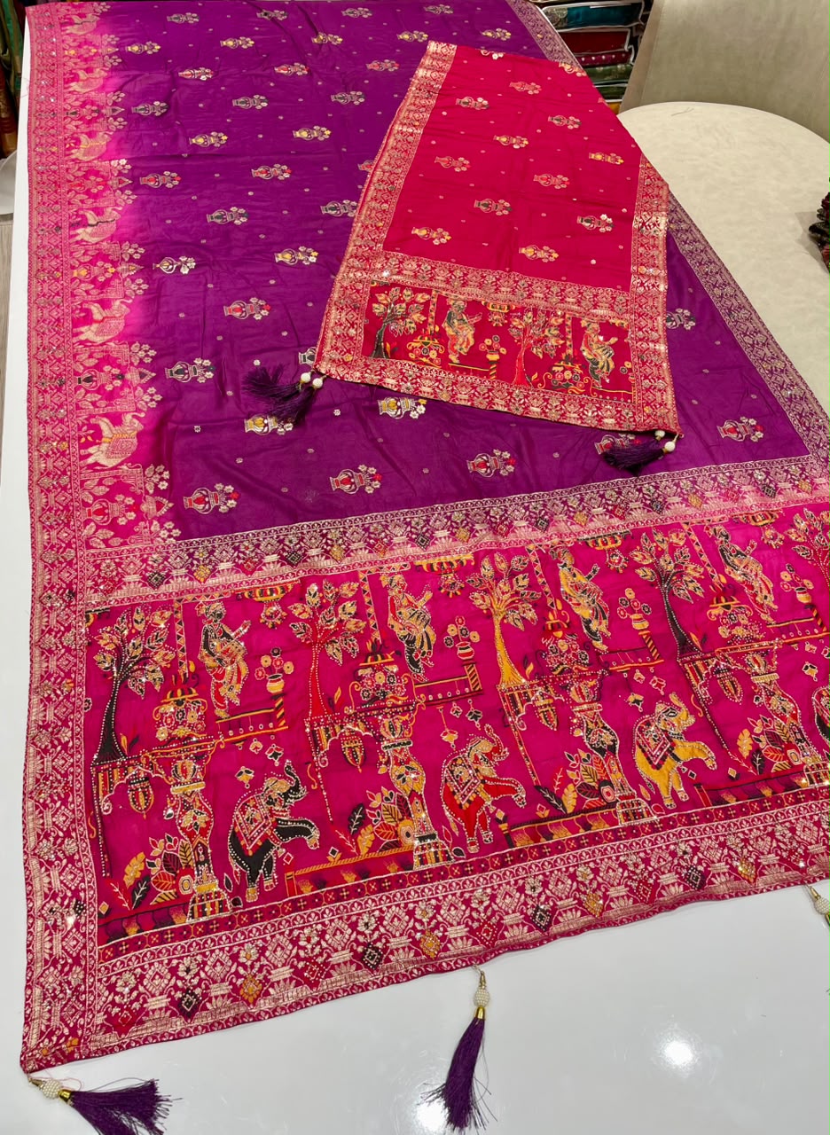 AJ-AARTI-DUPATTA SOFT DOLA SILK FABRIC SAREE WITH CHAAP DYING WITH BEAUTIFUL JARKAN WORK WITH PIPING AND TASSELS WITH HEAVY JARKAN WORK DUPATTA