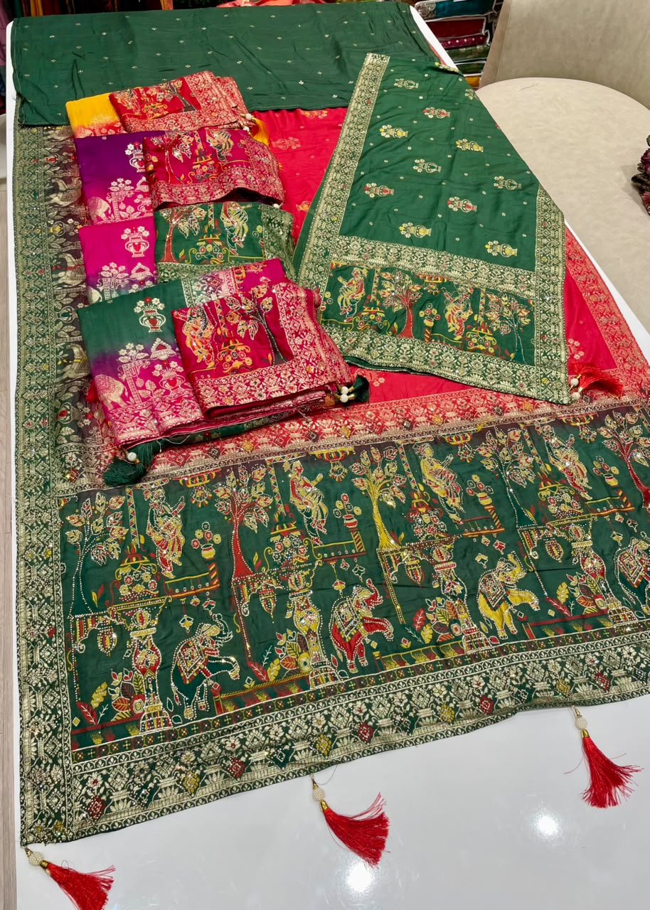 AJ-AARTI-DUPATTA SOFT DOLA SILK FABRIC SAREE WITH CHAAP DYING WITH BEAUTIFUL JARKAN WORK WITH PIPING AND TASSELS WITH HEAVY JARKAN WORK DUPATTA