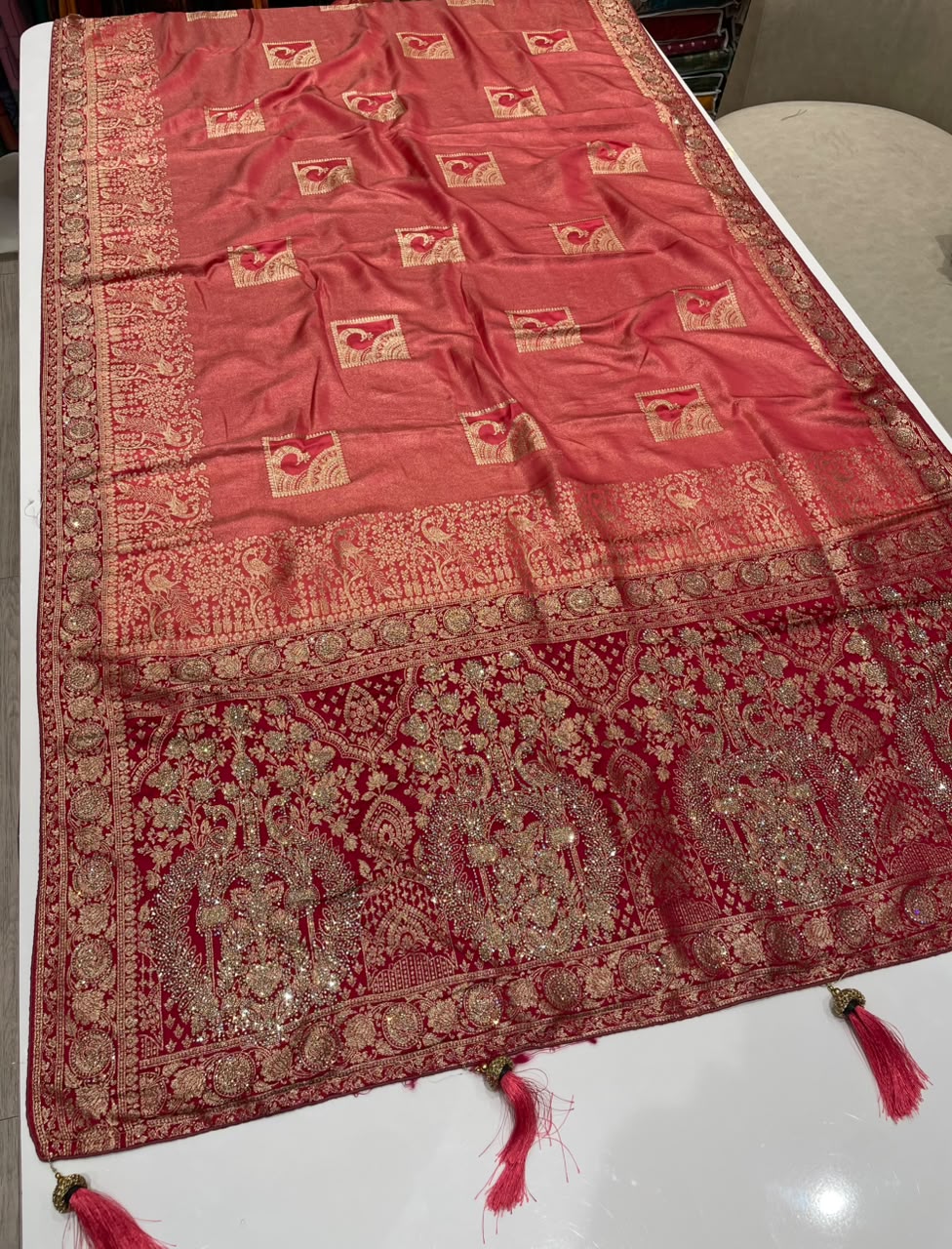 AJ-FIRST LOVE TISSUE SILK FABRIC SAREE WITH RICH PALLU DESIGN WITH HEAVY JARKAN WORK WITH BEAUTIFUL PEAOCK DESIGN ALL OVER ON SAREE WITH PIPING AND LATKAN WITH CONTRAST BLOUSE