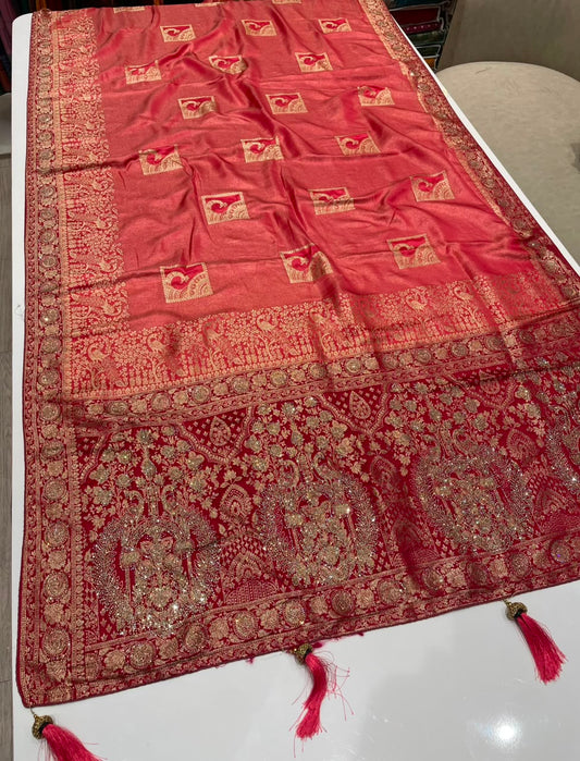 AJ-FIRST LOVE TISSUE SILK FABRIC SAREE WITH RICH PALLU DESIGN WITH HEAVY JARKAN WORK WITH BEAUTIFUL PEAOCK DESIGN ALL OVER ON SAREE WITH PIPING AND LATKAN WITH CONTRAST BLOUSE