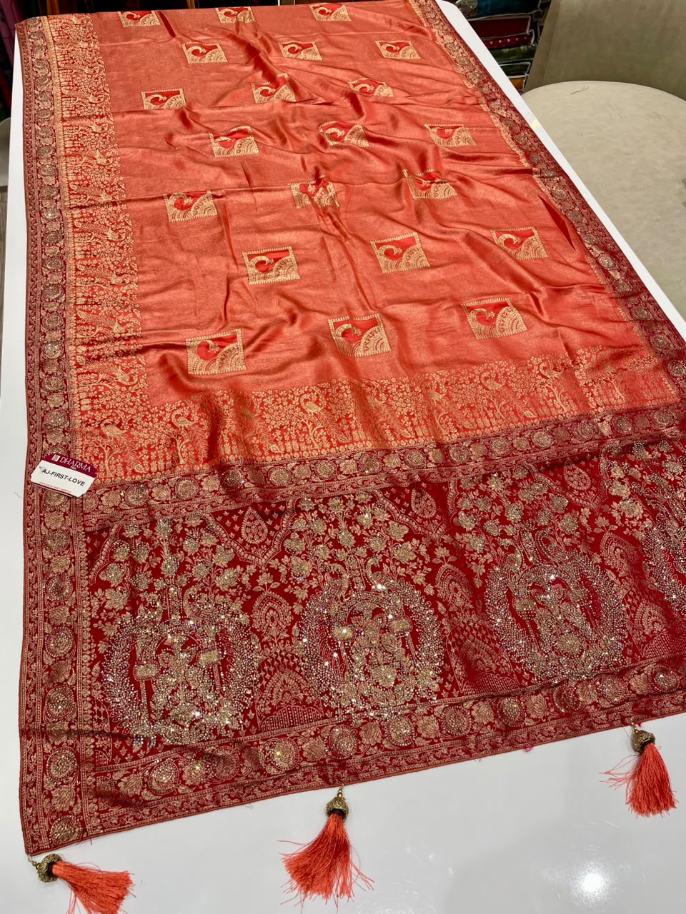 AJ-FIRST LOVE TISSUE SILK FABRIC SAREE WITH RICH PALLU DESIGN WITH HEAVY JARKAN WORK WITH BEAUTIFUL PEAOCK DESIGN ALL OVER ON SAREE WITH PIPING AND LATKAN WITH CONTRAST BLOUSE