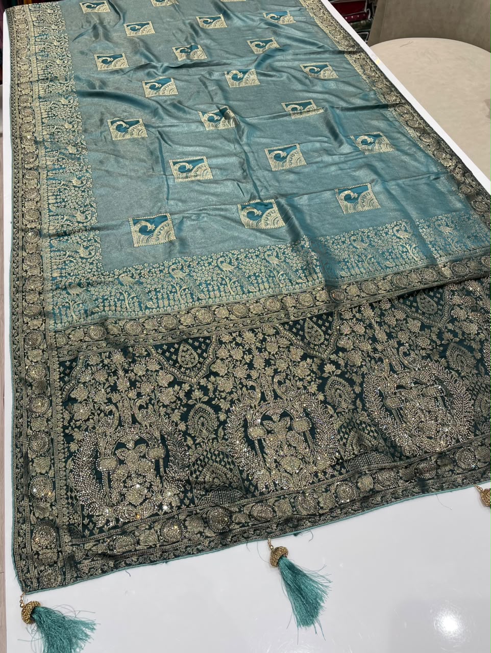 AJ-FIRST LOVE TISSUE SILK FABRIC SAREE WITH RICH PALLU DESIGN WITH HEAVY JARKAN WORK WITH BEAUTIFUL PEAOCK DESIGN ALL OVER ON SAREE WITH PIPING AND LATKAN WITH CONTRAST BLOUSE