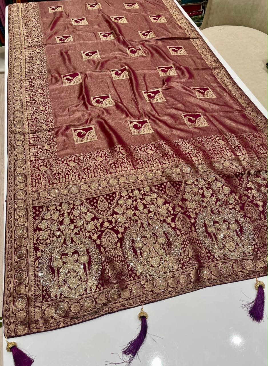AJ-FIRST LOVE TISSUE SILK FABRIC SAREE WITH RICH PALLU DESIGN WITH HEAVY JARKAN WORK WITH BEAUTIFUL PEAOCK DESIGN ALL OVER ON SAREE WITH PIPING AND LATKAN WITH CONTRAST BLOUSE