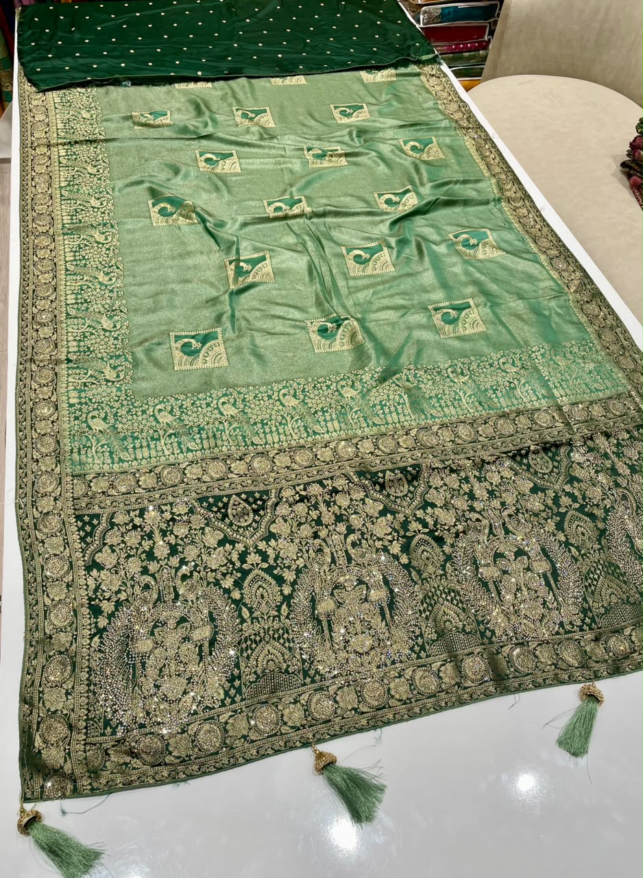 AJ-FIRST LOVE TISSUE SILK FABRIC SAREE WITH RICH PALLU DESIGN WITH HEAVY JARKAN WORK WITH BEAUTIFUL PEAOCK DESIGN ALL OVER ON SAREE WITH PIPING AND LATKAN WITH CONTRAST BLOUSE