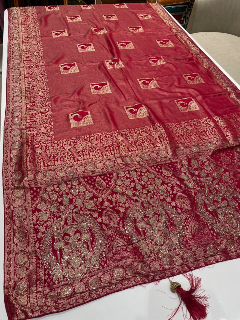 AJ-FIRST LOVE TISSUE SILK FABRIC SAREE WITH RICH PALLU DESIGN WITH HEAVY JARKAN WORK WITH BEAUTIFUL PEAOCK DESIGN ALL OVER ON SAREE WITH PIPING AND LATKAN WITH CONTRAST BLOUSE