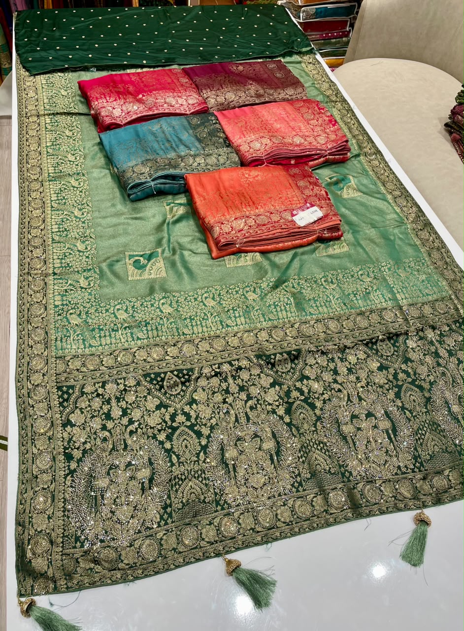 AJ-FIRST LOVE TISSUE SILK FABRIC SAREE WITH RICH PALLU DESIGN WITH HEAVY JARKAN WORK WITH BEAUTIFUL PEAOCK DESIGN ALL OVER ON SAREE WITH PIPING AND LATKAN WITH CONTRAST BLOUSE